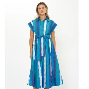 Oliphant Meko Blue Striped Long Sleeve Cotton Belted Shirt Dress XL